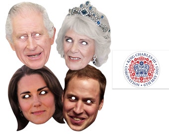 King Charles III Royal Coronation 2D Card Party Masks - Four Pack - includes William, Kate, Camilla and 6x4" commemorative coronation photo