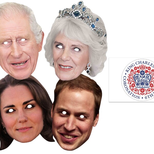 Lot de quatre masques de fête du couronnement royal du roi Charles III - comprend William, Kate, Camilla et une photo commémorative du couronnement de 6 x 4 po.