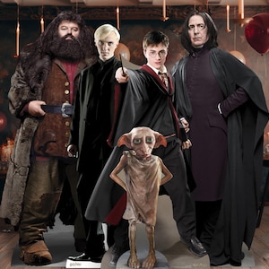 May include: A group of characters from the Harry Potter series, including Hagrid, Draco Malfoy, Harry Potter, Severus Snape, and Dobby. They are standing in a room with candles and balloons. The characters are wearing costumes.