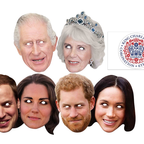 King Charles III Royal Coronation 2D Card Party Masks Six Pack - William, Kate, Camilla, Harry Meghan et photo commémorative du couronnement 6x4"