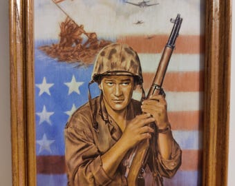 John Wayne Sands of Iwo Jima, American Hero Collection, Ceramic Portrait, Plaque in Wood, Frame from Ernst 1999, #1389