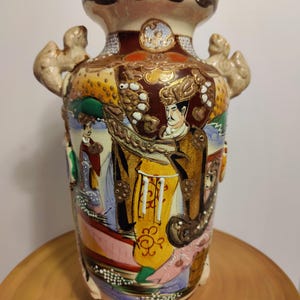 Antique Japanese Satsuma Vase 13&quot; Hand Painted Moriage samurai Japan