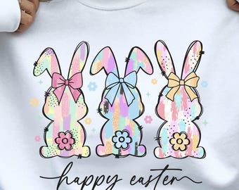 Happy Easter 3 cute bunnys PNG, Bunny Bow Easter PNG, Sublimation, Easter Bow pattern png, DTF, Cute easter design, cottagecore coquette