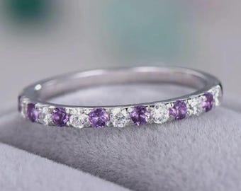 Amethyst and White CZ Eternity Band, Sterling Silver Stacking Ring, Dainty Anniversary Gift to Her