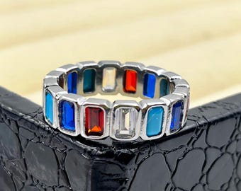 Anillo de eternidad con múltiples piedras preciosas, joya de plata de ley 925, apilable, regalo para mujer