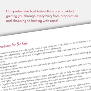 May include: A close-up of a page from a wine tasting guide with instructions for the host. The text includes tips on curating a wine selection, preparing labels, setting up glassware, providing palate cleansers, and organizing the tasting order.