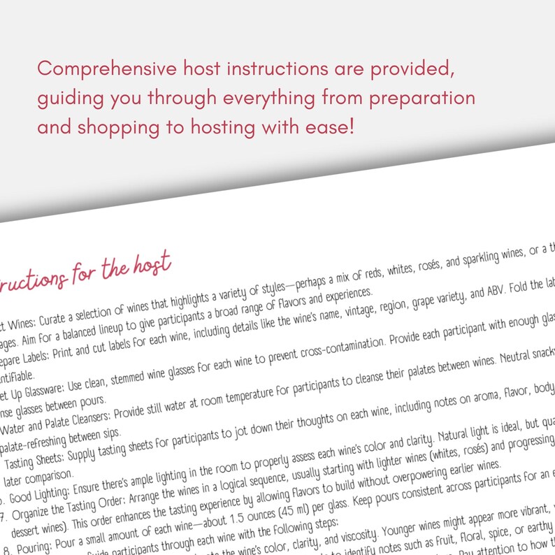 May include: A close-up of a page from a wine tasting guide with instructions for the host. The text includes tips on curating a wine selection, preparing labels, setting up glassware, providing palate cleansers, and organizing the tasting order.