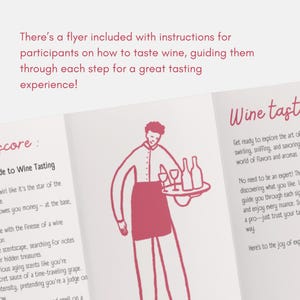 May include: A pink and white illustration of a person holding a tray with wine glasses and bottles. The text on the page reads "Wine tasting: Get ready to explore the art of swirling, sniffing, and savoring the world of flavors and aromas."
