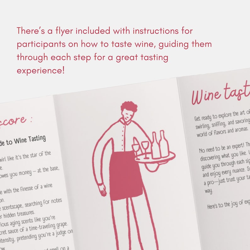 May include: A pink and white illustration of a person holding a tray with wine glasses and bottles. The text on the page reads "Wine tasting: Get ready to explore the art of swirling, sniffing, and savoring the world of flavors and aromas."