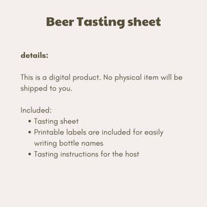 Może przedstawiać: Cyfrowy, drukowany arkusz degustacji piwa z instrukcjami dla gospodarza. Zawiera drukowane etykiety do pisania nazw butelek.