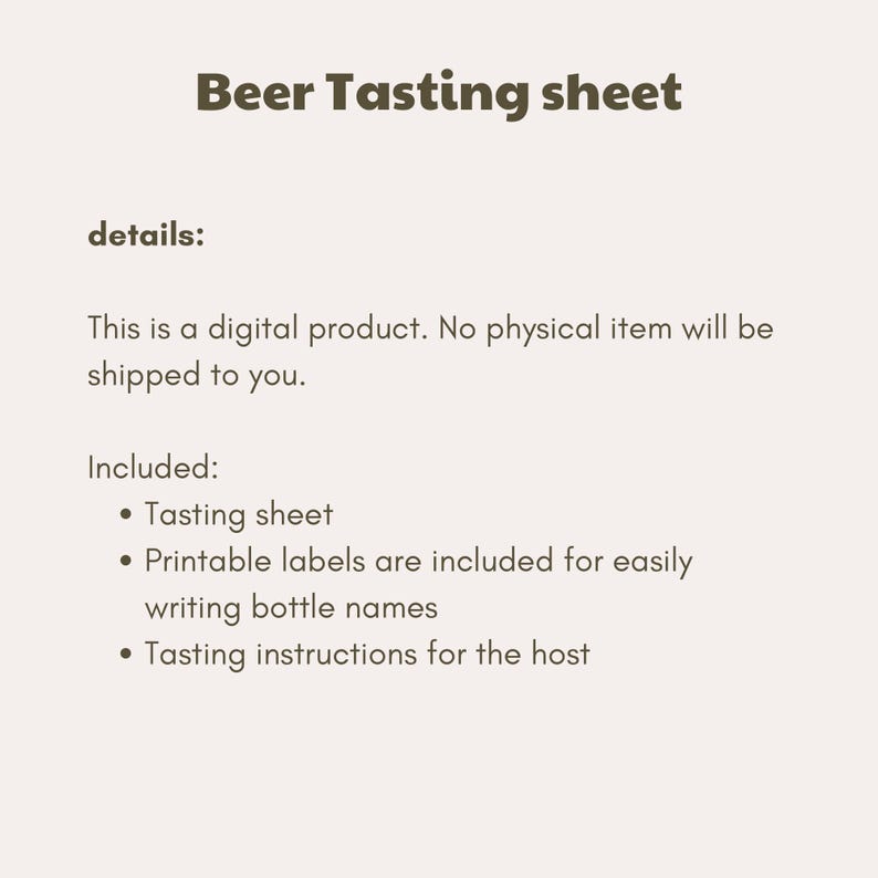 Może przedstawiać: Cyfrowy, drukowany arkusz degustacji piwa z instrukcjami dla gospodarza. Zawiera drukowane etykiety do pisania nazw butelek.
