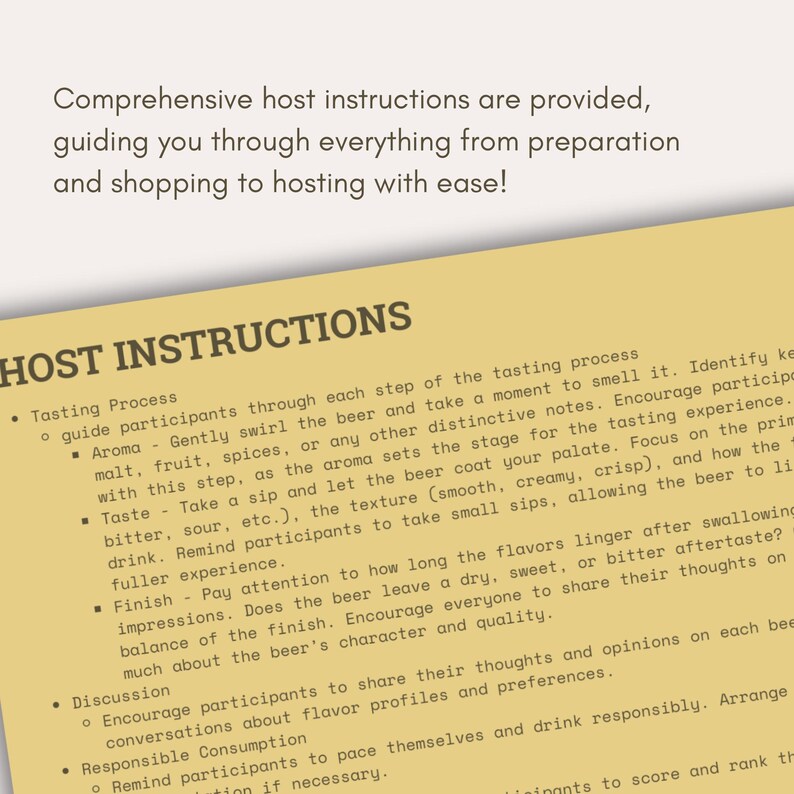Może przedstawiać: Ż&oacute;łta kartka papieru z czarnym tekstem zawierającym instrukcje dotyczące organizacji degustacji piwa. Tekst zawiera tytuł "HOST INSTRUCTIONS" i szczeg&oacute;łowe informacje o tym, jak przeprowadzić uczestnik&oacute;w przez proces degustacji, w tym aromat, smak i finisz.