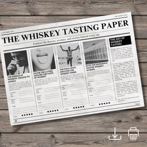 Whiskey Tasting Sheets newspaper-style | Unique Whiskey Tasting Kit | Host a Whiskey Tasting Party | Whisky Lover Gift | Instant