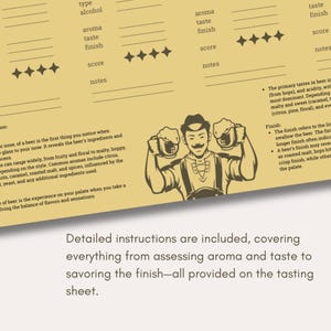 Może przedstawiać: Drukowana karta degustacji piwa z kresk&oacute;wkową ilustracją mężczyzny trzymającego dwa kufle piwa. Karta zawiera sekcje do oceny aromatu, smaku, finiszu i og&oacute;lnej oceny piwa. Zawiera r&oacute;wnież miejsce na notatki.