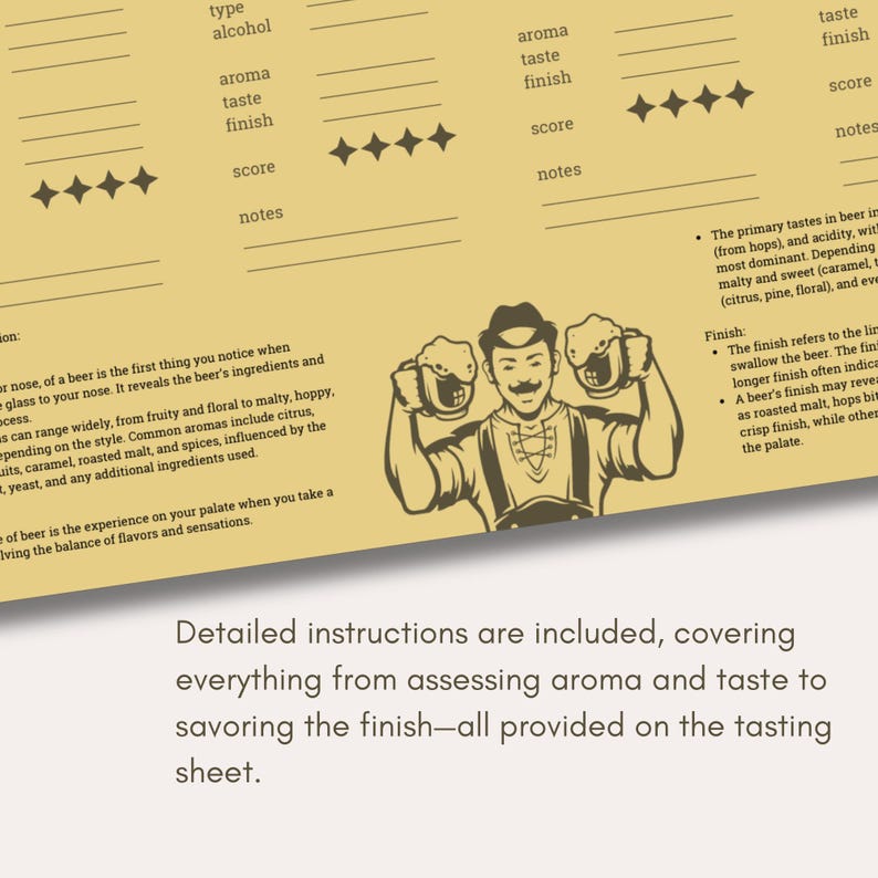 Może przedstawiać: Drukowana karta degustacji piwa z kresk&oacute;wkową ilustracją mężczyzny trzymającego dwa kufle piwa. Karta zawiera sekcje do oceny aromatu, smaku, finiszu i og&oacute;lnej oceny piwa. Zawiera r&oacute;wnież miejsce na notatki.