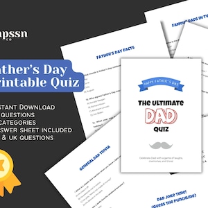 Trivia-game voor Vaderdag afdrukbaar | Leuke vaderquiz voor familiefeesten, kinderen en volwassenen | Vaderdag-activiteitenblad direct downloaden