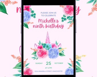 customizable digital birthday invitation, little girl's birtday invitation with flowers, downloadable and printable