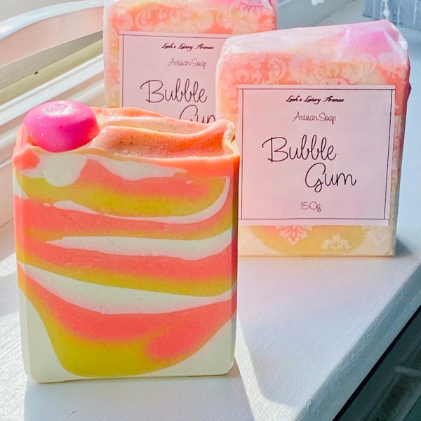 Bubble Gum, this soap has  gentle notes of orange, raspberry and light floral tones, a childhood favorite.