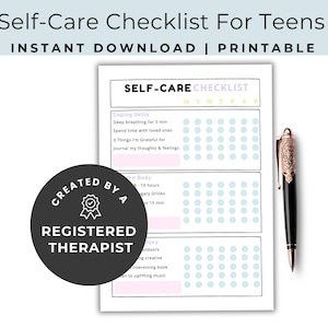 Könnte beinhalten: Eine druckbare Selbstpflege-Checkliste für Teenager, erstellt von einem registrierten Therapeuten. Die Checkliste enthält Abschnitte für Bewältigungsmechanismen, Körperpflege und Energie. Jeder Abschnitt hat ein Raster mit Kreisen, um den Fortschritt zu verfolgen.