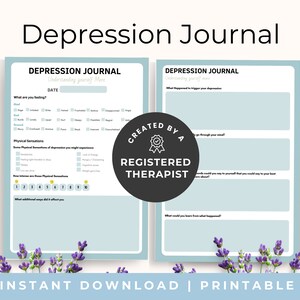 以下が含まれることがあります： 2 ページ構成の印刷可能なうつ病ジャーナル。左ページには感情や身体感覚に関する質問があり、右ページにはトリガーや思考に関する質問があります。このジャーナルは「登録セラピストによって作成されました」。