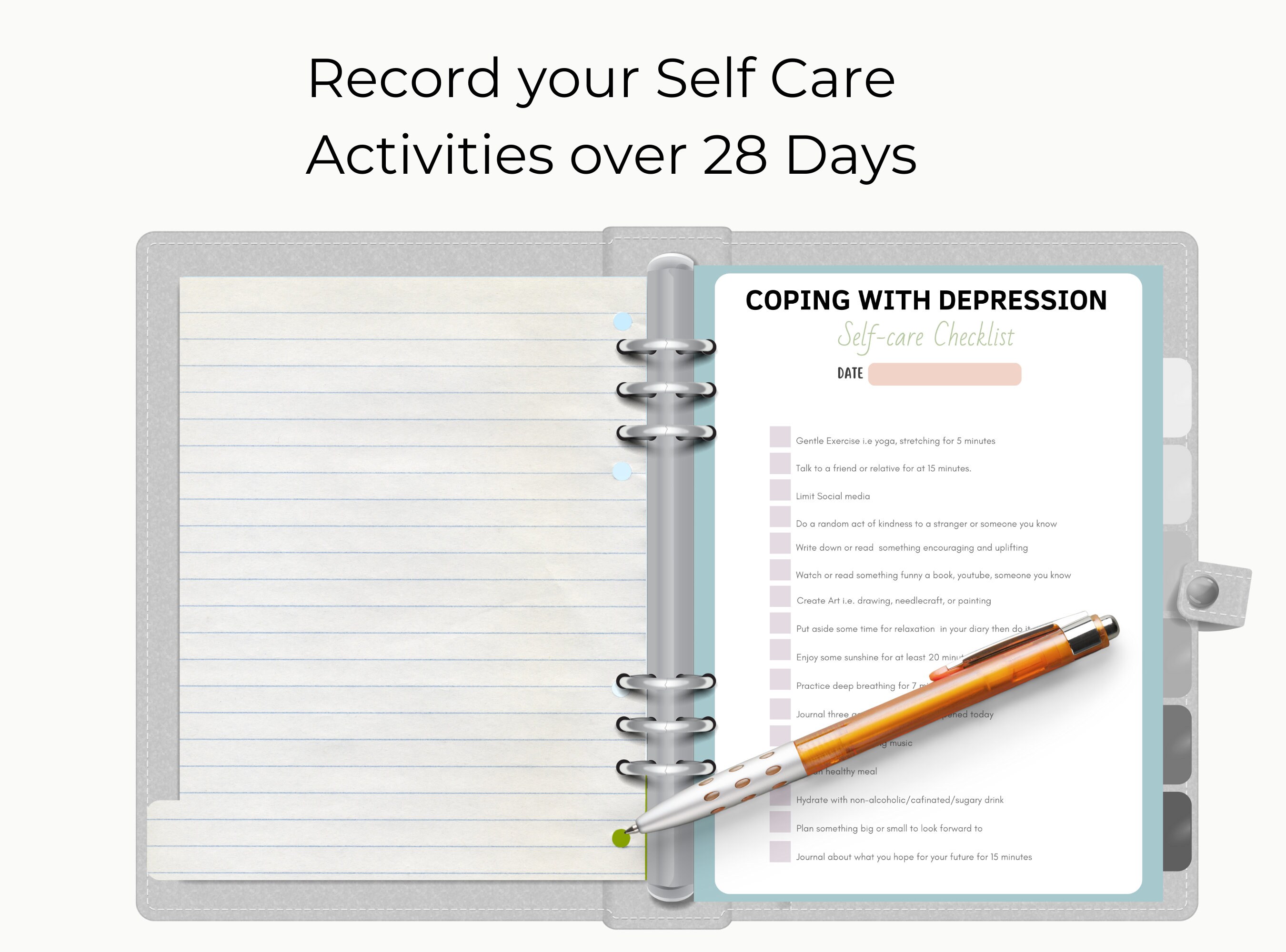 Depression Self Care Checklist, 28 Day Self-care Journal, Printable ...