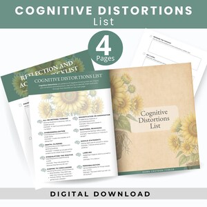 Op de afbeelding: Een digitale download van vier pagina's getiteld Cognitive Distortions List, met zonnebloemillustraties op een saliegroene en crèmekleurige achtergrond. De pagina's bevatten checklists en tekst met uitleg over cognitieve vervormingen.