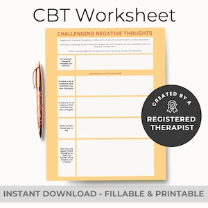 Cognitive Behavioral Therapy Worksheet, Challenging Negative Thoughts, PDF Form Filler, Colorful Psychologist Resources, CBT Technique