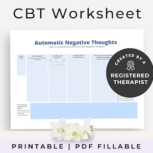 Cognitive Behaviour Worksheets, Automatic Negative Thoughts Technique, Fillable PDF Form in Blue, Colorful Counselling Resources,