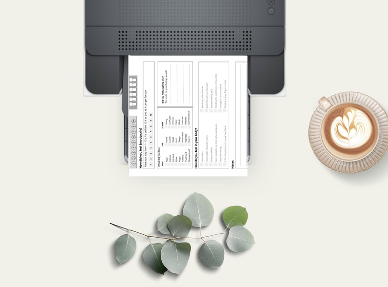 May include: A black and white printable questionnaire with the title "How did you feel emotionally?" and a scale from 1 to 10. The questionnaire also asks about food and how you feel in your body.