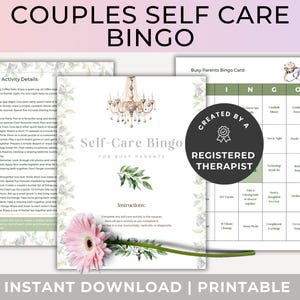May include: A printable self-care bingo game for couples and busy parents. The design includes a bingo card, activity details, and a central card with the text "Self-Care Bingo for Busy Parents". The design includes a pink flower and a chandelier.