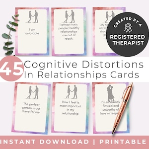 Tarjetas de terapia de pareja, tarjetas didácticas sobre distorsión cognitiva, terapia de relaciones saludables, tarjetas didácticas sobre habilidades para afrontar la ansiedad, descarga digital