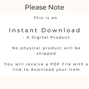 Puede incluir: Texto sobre un fondo blanco que dice "Por favor, tenga en cuenta" seguido de "Esto es una descarga instant&aacute;nea - Un producto digital. No se enviar&aacute; ning&uacute;n producto f&iacute;sico. Recibir&aacute; un archivo PDF con un enlace para descargar su art&iacute;culo."