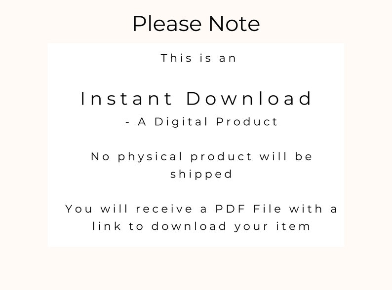 Puede incluir: Texto sobre un fondo blanco que dice "Por favor, tenga en cuenta" seguido de "Esto es una descarga instant&aacute;nea - Un producto digital. No se enviar&aacute; ning&uacute;n producto f&iacute;sico. Recibir&aacute; un archivo PDF con un enlace para descargar su art&iacute;culo."