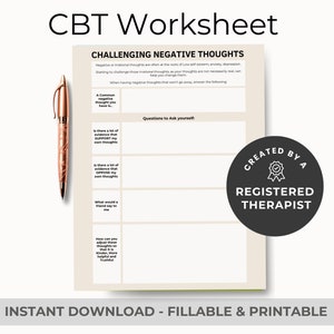Cbt Worksheets Adult, Challenging Negative Thoughts, Fillable PDF Form, Mental Health Digital Download, Cognitive Therapy Technique