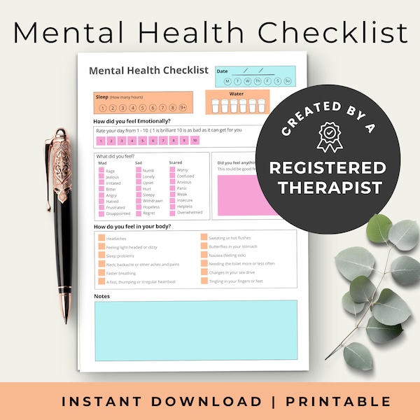 Mental Health Checklist for Adults, Mental Health Tracker, Daily Mood Tracker Print, Mental health check in sheets, Mood tracker PDF, Bright