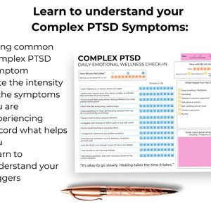 Pode incluir: Uma folha de trabalho imprim&iacute;vel rosa e azul intitulada "Complex PTSD Daily Emotional Wellness Check-in". A folha de trabalho inclui uma se&ccedil;&atilde;o para classificar a intensidade dos sintomas, uma se&ccedil;&atilde;o para registrar o que ajuda e uma se&ccedil;&atilde;o para escrever sobre o que aconteceu hoje. O texto "It's okay to go slowly. Healing takes the time it takes." est&aacute; impresso na parte inferior da folha de trabalho.