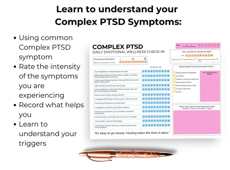 Pode incluir: Uma folha de trabalho imprim&iacute;vel rosa e azul intitulada "Complex PTSD Daily Emotional Wellness Check-in". A folha de trabalho inclui uma se&ccedil;&atilde;o para classificar a intensidade dos sintomas, uma se&ccedil;&atilde;o para registrar o que ajuda e uma se&ccedil;&atilde;o para escrever sobre o que aconteceu hoje. O texto "It's okay to go slowly. Healing takes the time it takes." est&aacute; impresso na parte inferior da folha de trabalho.