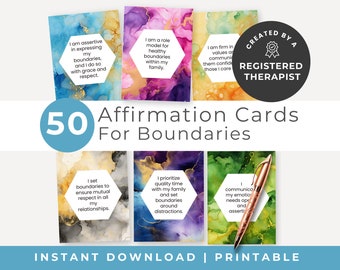 50 Boundaries Affirmation Cards, Healthy Relationships Tool, 50 PNGs & PDF