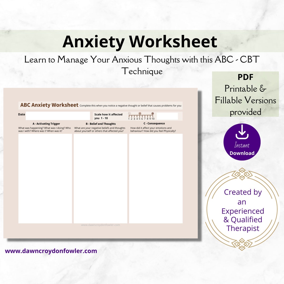 Cbt Exercises for Anxiety Abc Cbt Worksheet Cbt Worksheet - Etsy