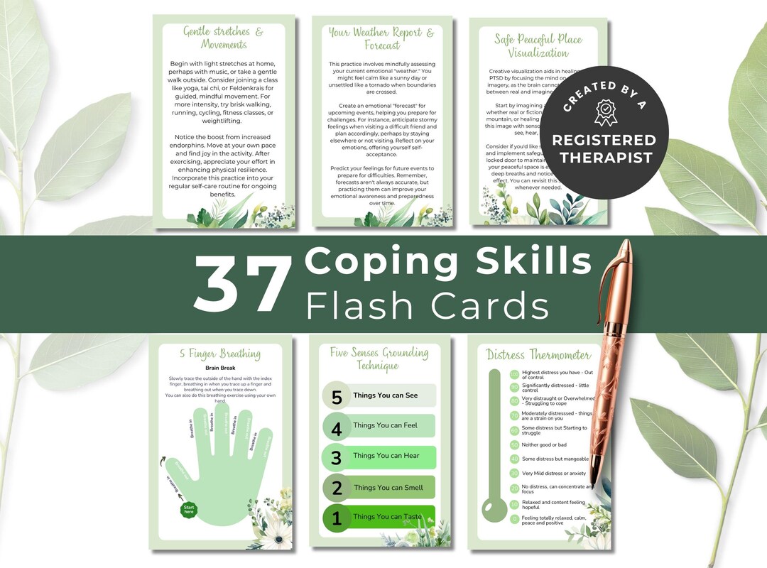 Coping Skills Cards for Adults, Green Emotional Regulation Tool, 37 ...