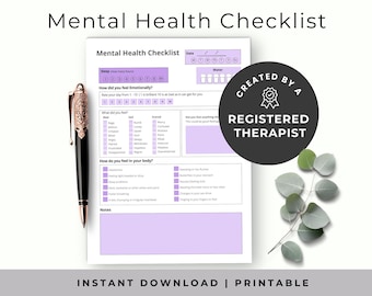 Lista de verificação de saúde mental para adultos, planilhas de saúde mental e transtornos, rastreador de humor diário em PDF, folha de verificação para impressão, rastreador de humor
