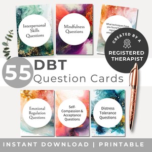May include: 55 DBT Question Cards with colorful abstract backgrounds. The cards are designed to help with emotional regulation, mindfulness, interpersonal skills, self-compassion, and distress tolerance.