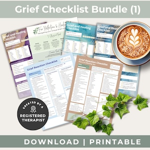 May include: A collection of printed Grief Checklist documents featuring various layouts, checkboxes, and text prompts, accompanied by a cup of latte art coffee and a green ivy vine, with a circular badge stating Created by a Registered Therapist.