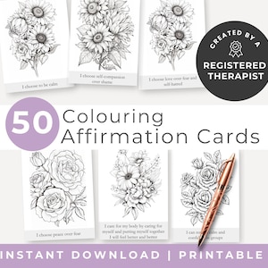 Schede di affermazione da colorare stampabili. Segnalibri floreali da colorare, attività di dialogo interiore positivo, riformulazione di pensieri inutili Download digitale