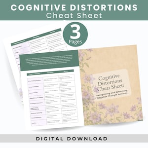Op de afbeelding: Een digitale download van drie pagina's genaamd Cognitive Distortions Cheat Sheet. Het document bevat tabellen met cognitieve vervormingen, beschrijvingen en herkaderingstechnieken, versierd met een bloemenrand op een beige achtergrond.