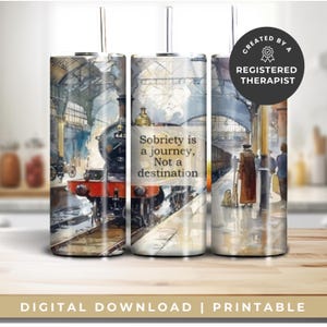 Étiquette pour gobelet isotherme de récupération, motif vintage « Voyage en train » : « La sobriété est un voyage, pas une destination », 590 ml (20 oz), format PNG par sublimation, usage commercial.
