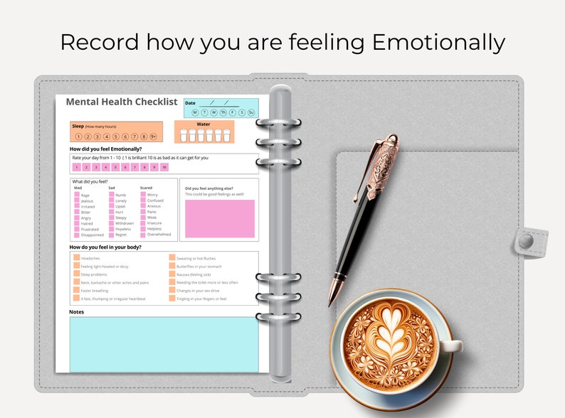 May include: A mental health checklist with sections for sleep, water intake, emotional well-being, and physical symptoms. The checklist is printed on a light blue and white background with pink accents. The checklist is open to a page titled "How did you feel emotionally?" and "How do you feel in your body?"