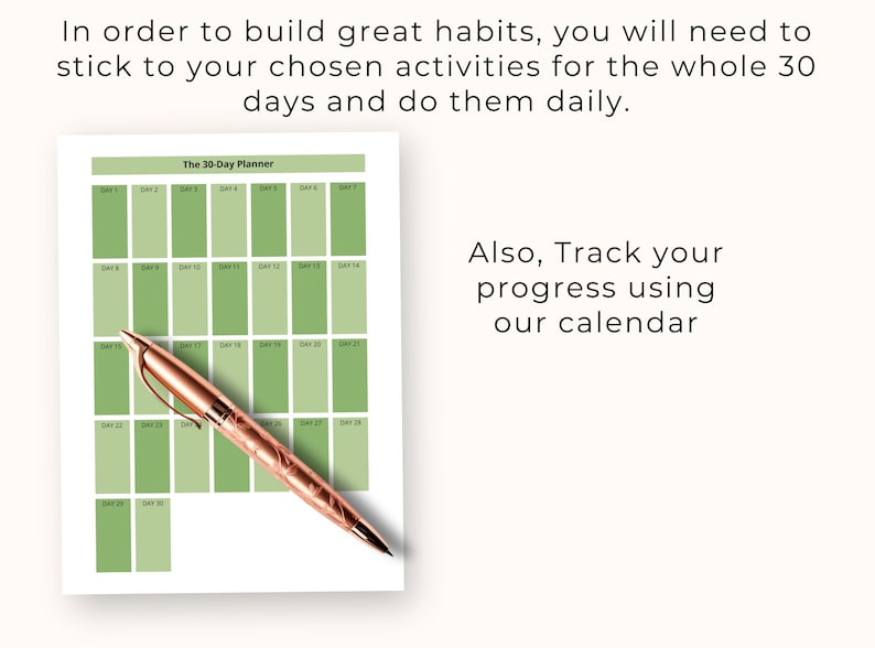 Puede incluir: Un planificador imprimible de 30 d&iacute;as con una cuadr&iacute;cula verde y el texto "The 30-Day Planner". Un bol&iacute;grafo dorado est&aacute; sobre el planificador.