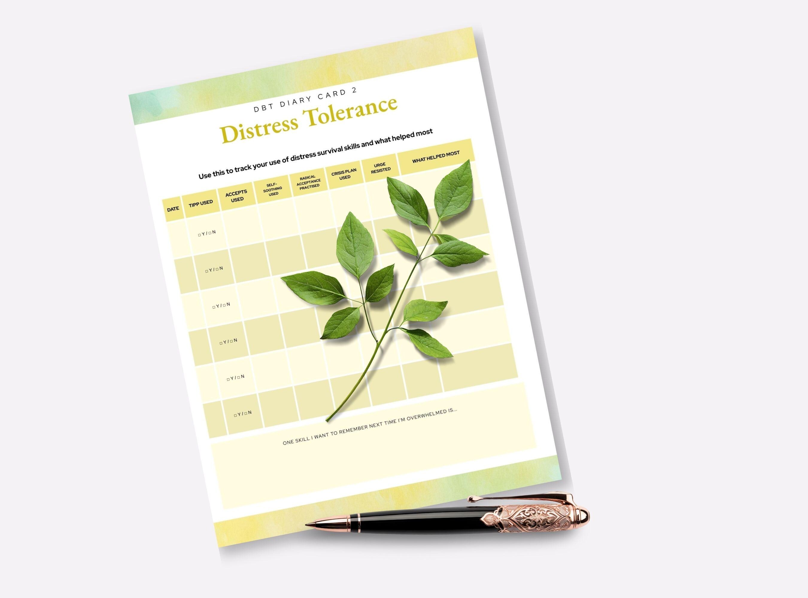 DBT Diary Card, Distress Tolerance & Emotion Regulation, 4 Page PDF A4 ...
