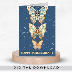 Carte de voeux de sobriété, Joyeux anniversaire dans la sobriété, Motif bleu papillons, Célébrer le rétablissement, Téléchargement de carte de sobriété, Alcooliques anonymes